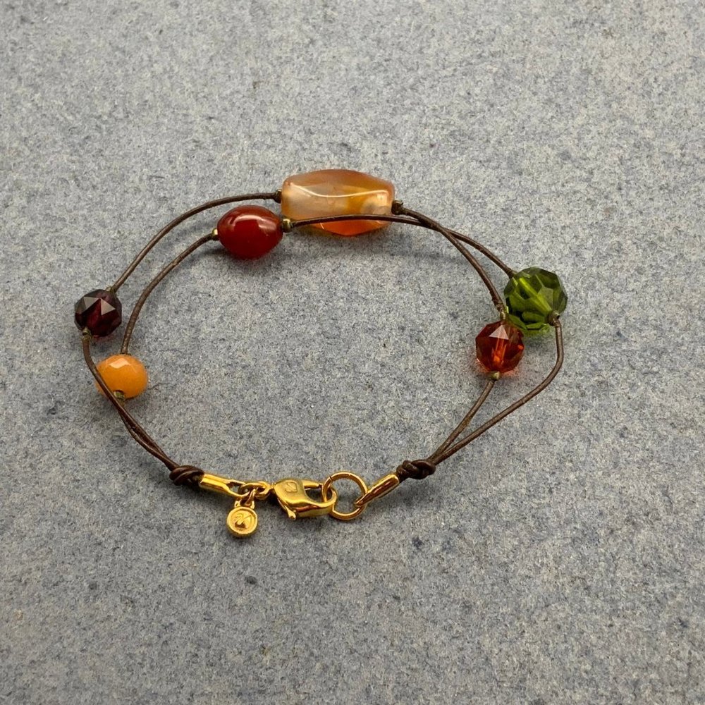 Swarovski Swan Beaded Bracelet Gold Brown Leather Green Red Orange